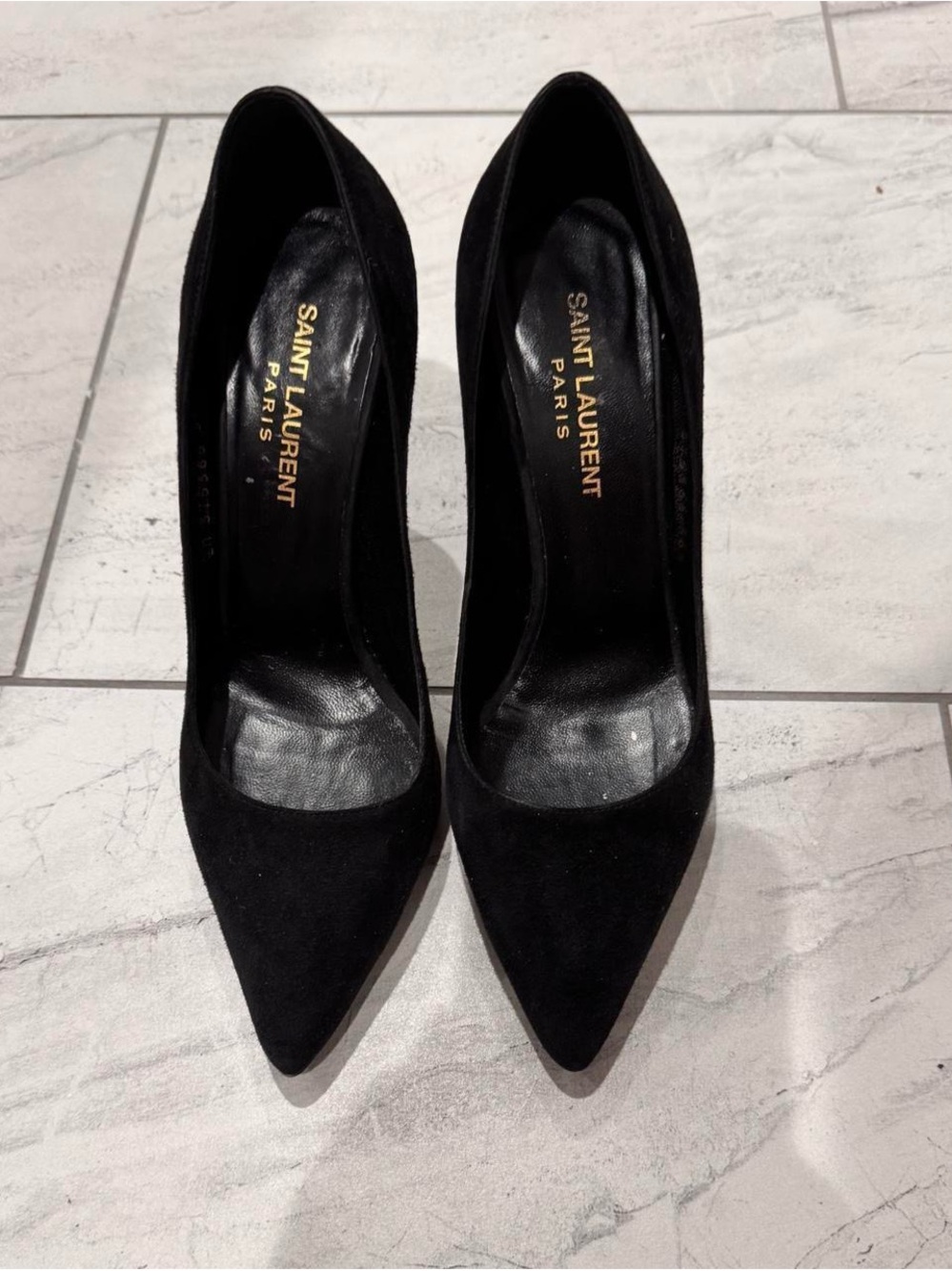 Saint Laurent Black Suede Pointed Pumps with Gold Logo